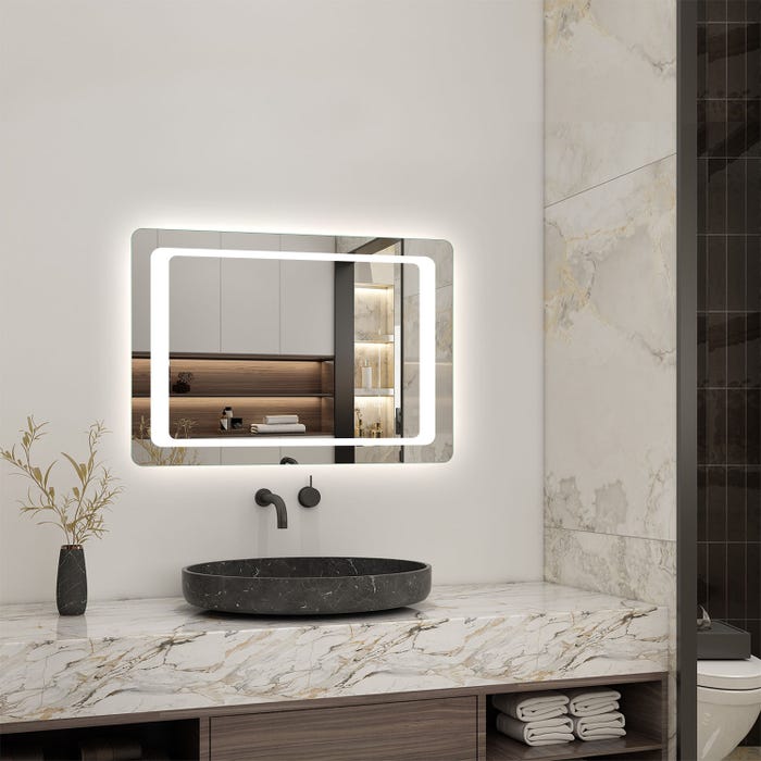 Miroir de salle de bain avec éclairage LED intégré et anti-buée80cm(L)x60cm(H) 3