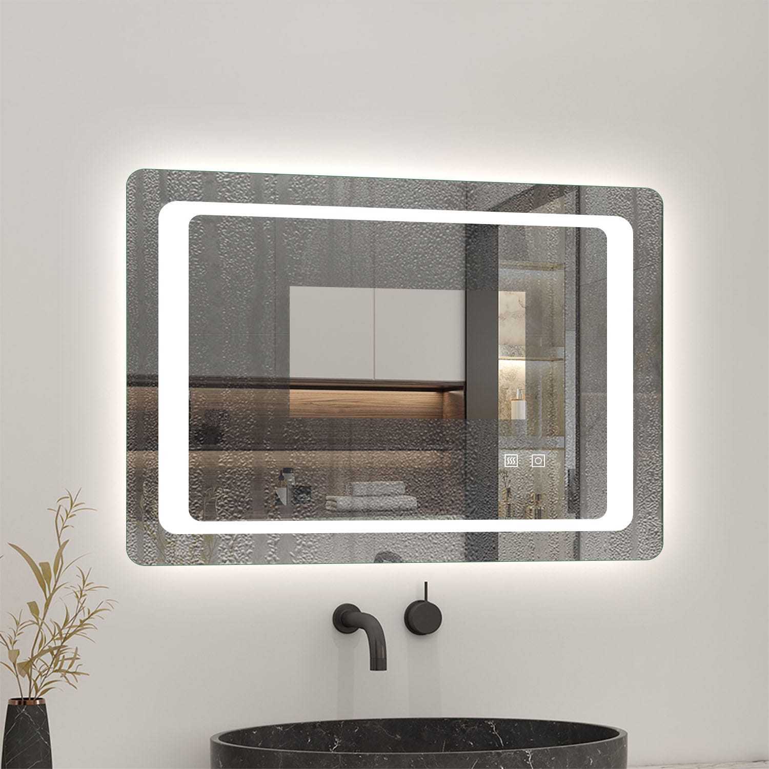 Miroir de salle de bain avec éclairage LED intégré et anti-buée80cm(L)x60cm(H) 2
