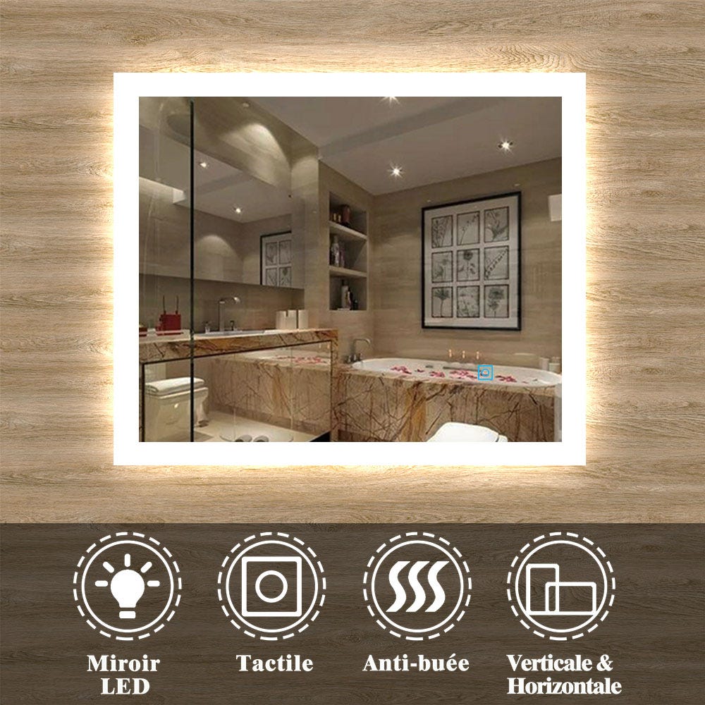 Miroir de salle de bain avec LED intégrée et anti-buée, Horizontal/Vertical 80cm(L)x60cm(H) 0