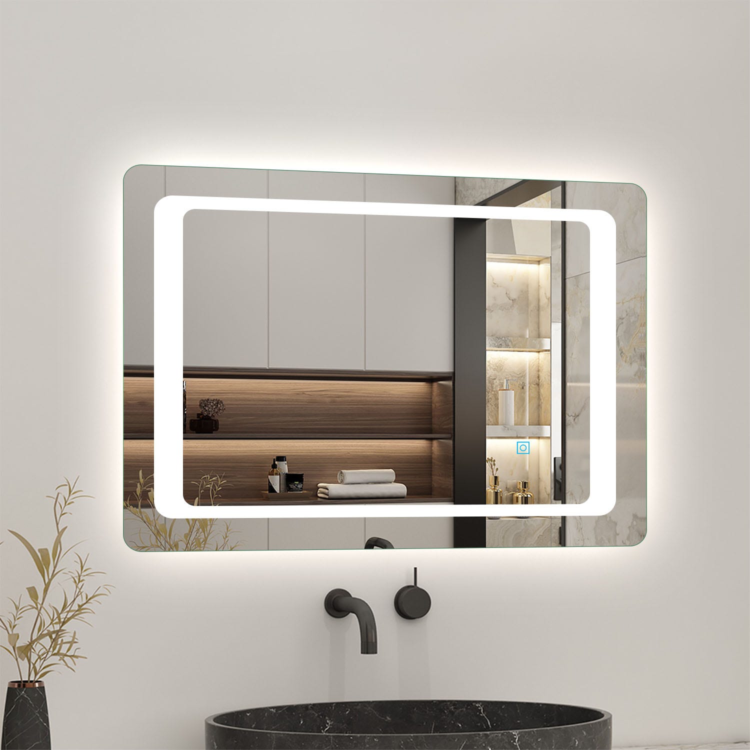Miroir très fin anti-buée avec interrupteur tactile+ Lumière blanc 6000k + Miroir pratique au design modern 90cm x 4cm x65cm(L x P x H) 3