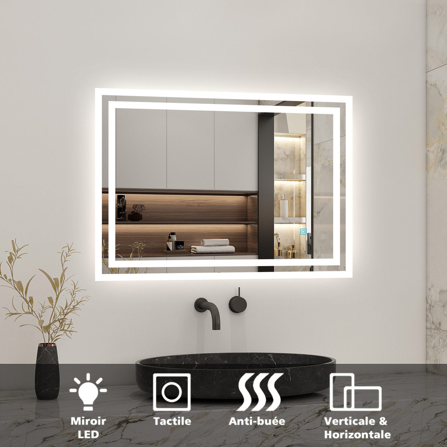 Miroir de salle de bain, LED intégrée et anti-buée,Horizontal/Vertical 100cm(L)x60cm(H) 0