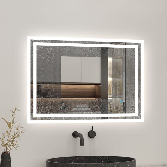 Miroir de salle de bain, LED intégrée et anti-buée,Horizontal/Vertical 100cm(L)x60cm(H) 1