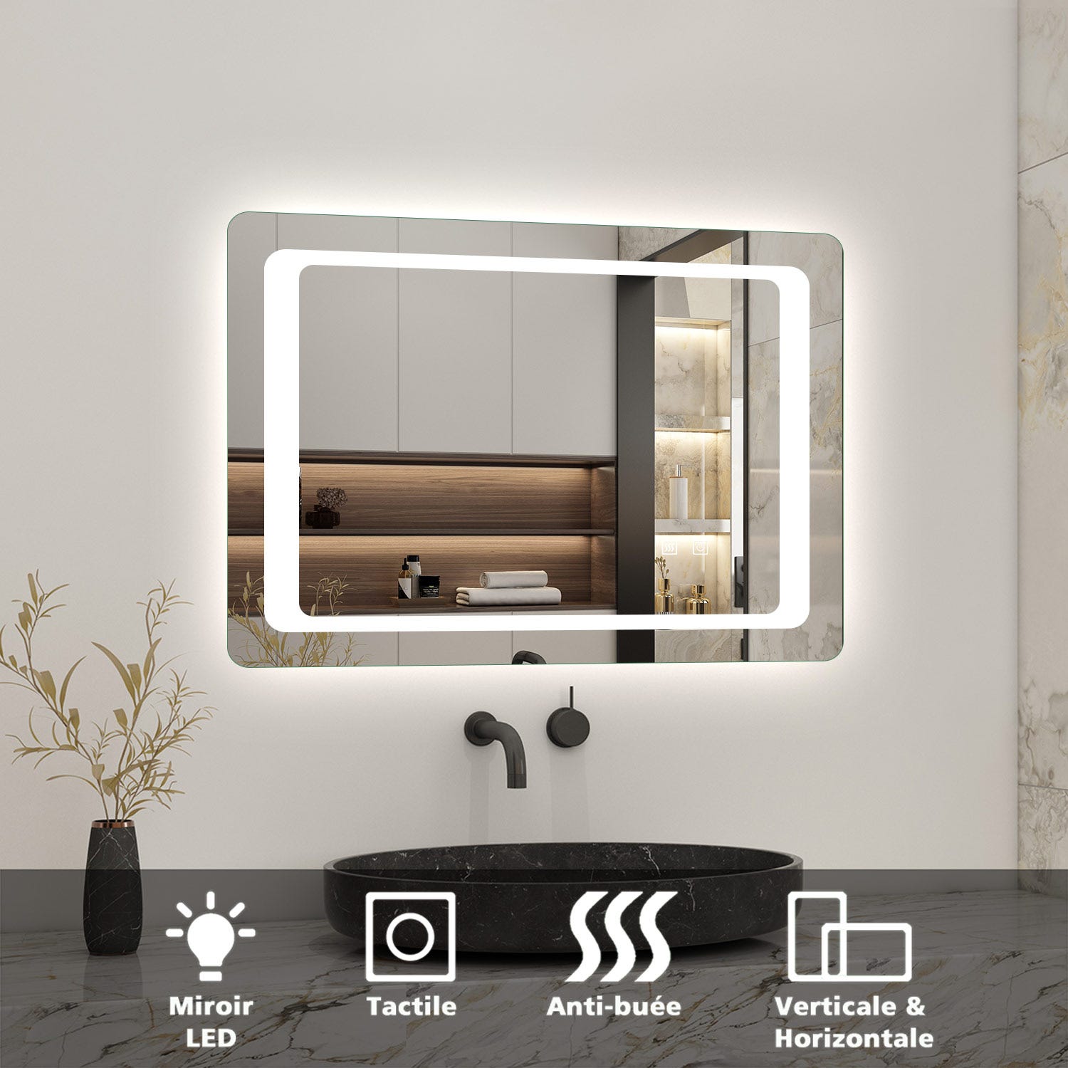 Miroir salle de bain LED anti-buée avec interrupteur tactile, Lumière blanc 80*60cm 0