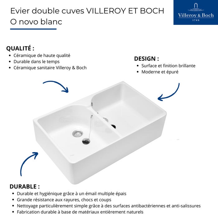 Evier double cuve blanc VILEROY ET BOCH O Novo 220 x 795 x 550 mm avec trop-plein 2