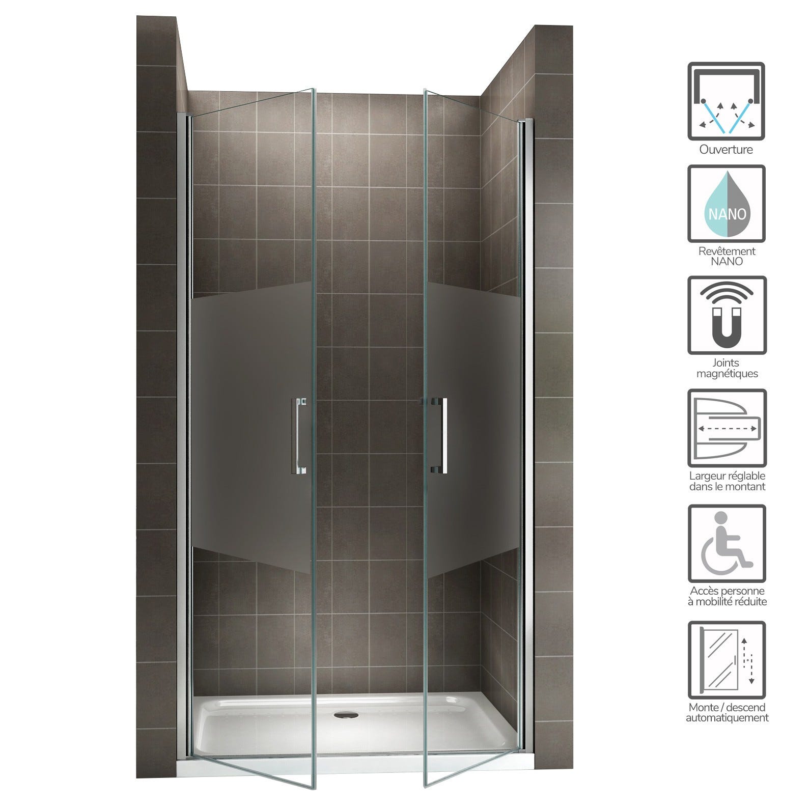 KAYA Porte de douche H 180 largeur réglable 98 à 101 cm verre semi-opaque 1