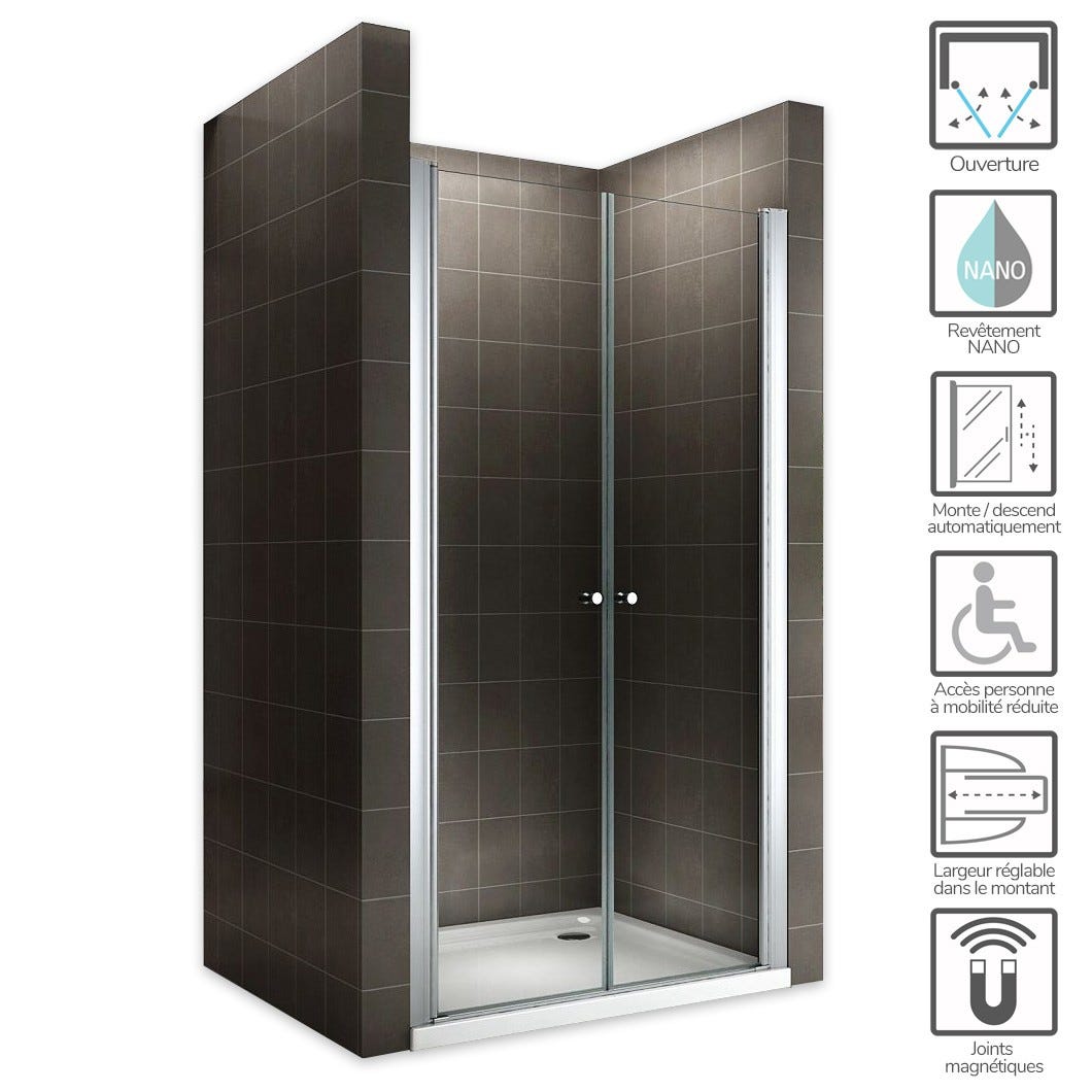 GINA Porte de douche H 180 cm largeur réglable 96 à 100 cm verre transparent 1