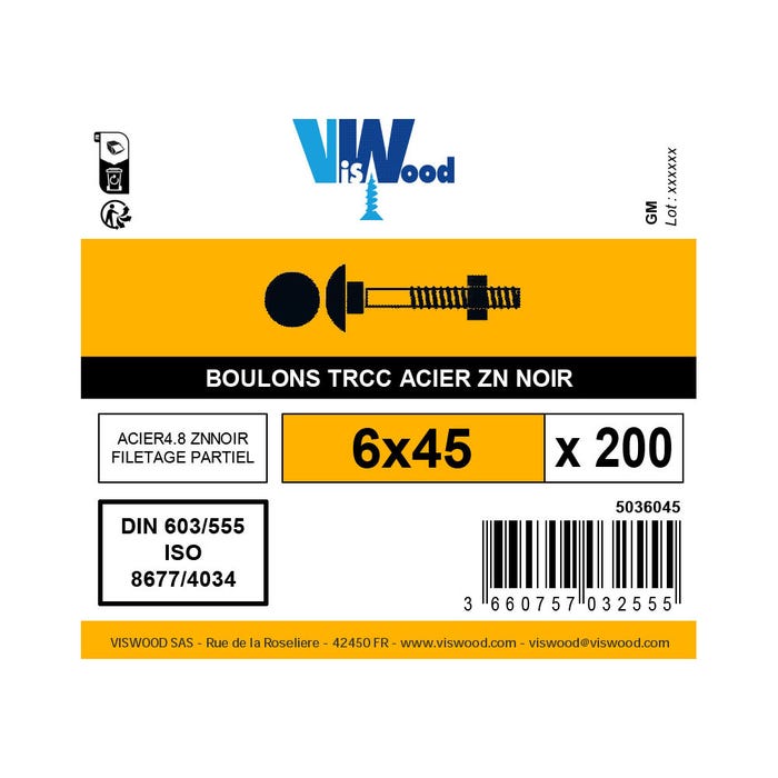 Boite 200 boulons TRCC 6 X 45mm zingué noir - Viswood 1