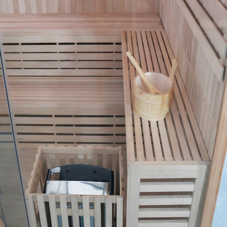 Sauna Traditionnel Finlandais d'angle 4/5 places vitré Gamme prestige IMATRA - L220*P220*H210 cm 2