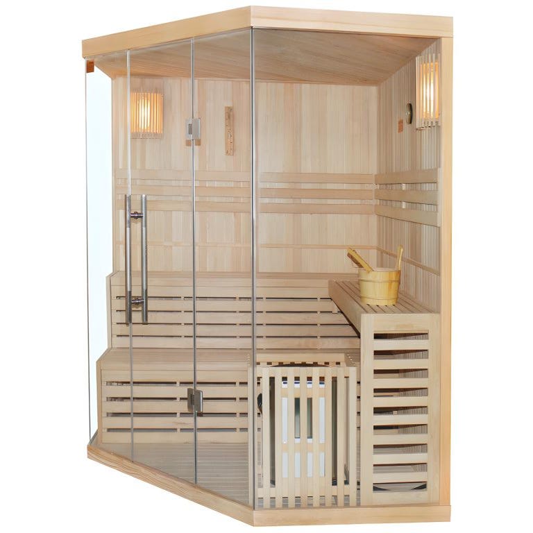 Sauna Traditionnel Finlandais d'angle 4/5 places vitré Gamme prestige IMATRA - L220*P220*H210 cm 1
