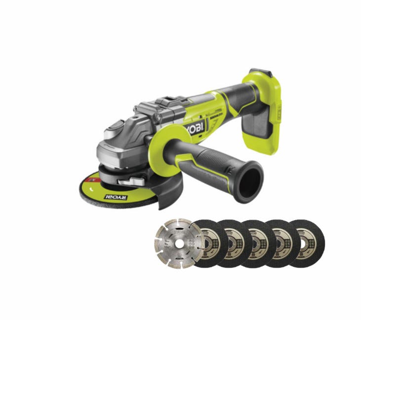 Pack RYOBI Meuleuse d'angle brushless 18 V One+ - sans batterie ni chargeur R18AG7-0 - Kit 6 disques 125 mm 0