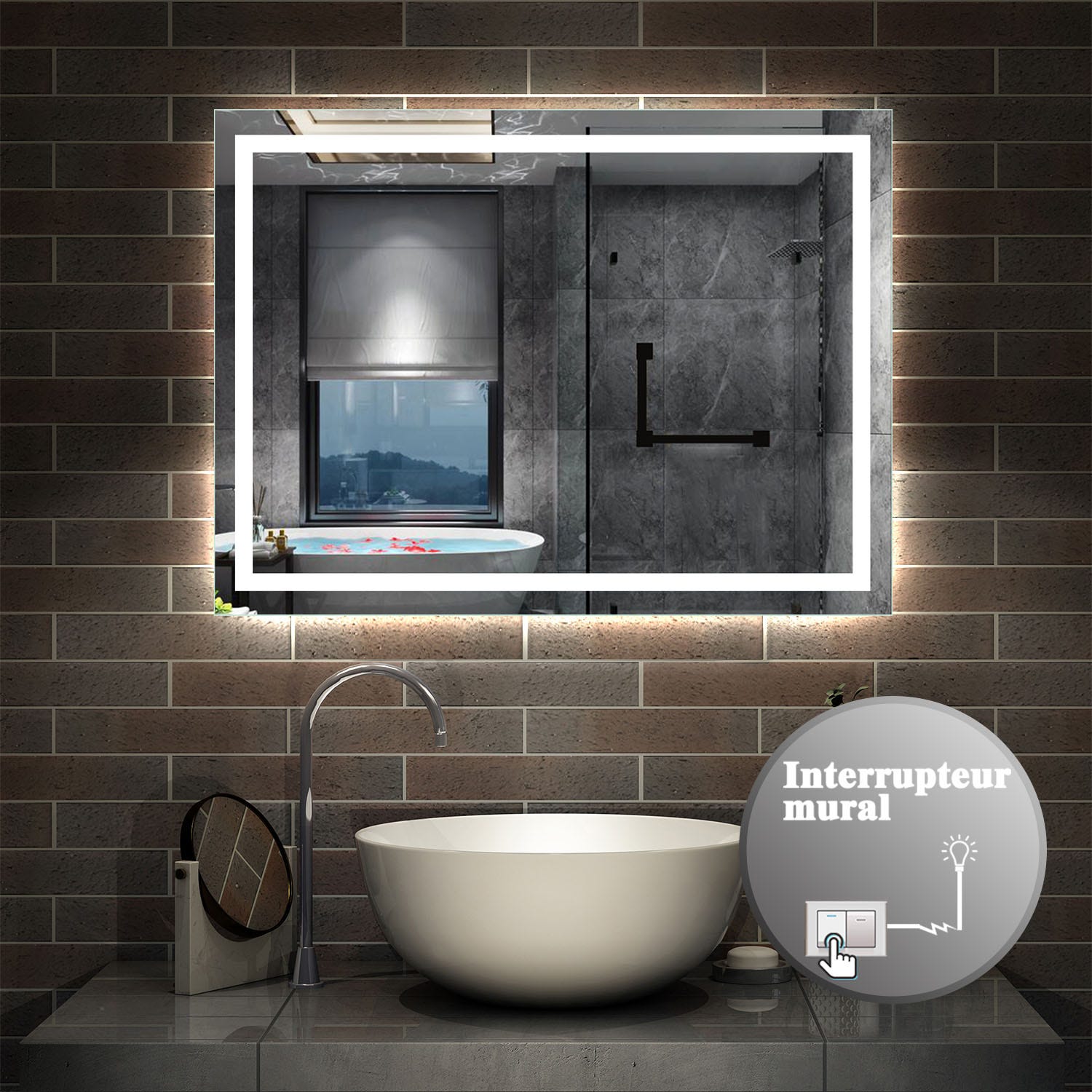 Miroir rectangulaire, Miroir salle de bain avec éclairage intégré, Miroir anti-buée, 80 x 60 cm, épaisseur:4 cm 1