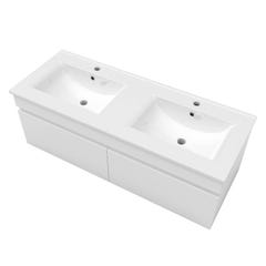 AICA Sanitaire Meuble de salle de bain suspendu avec deux portes, plan double vasque, vasque en céramique , blanc mat, L x W x H: 120 x 45 x 40 (cm) 2