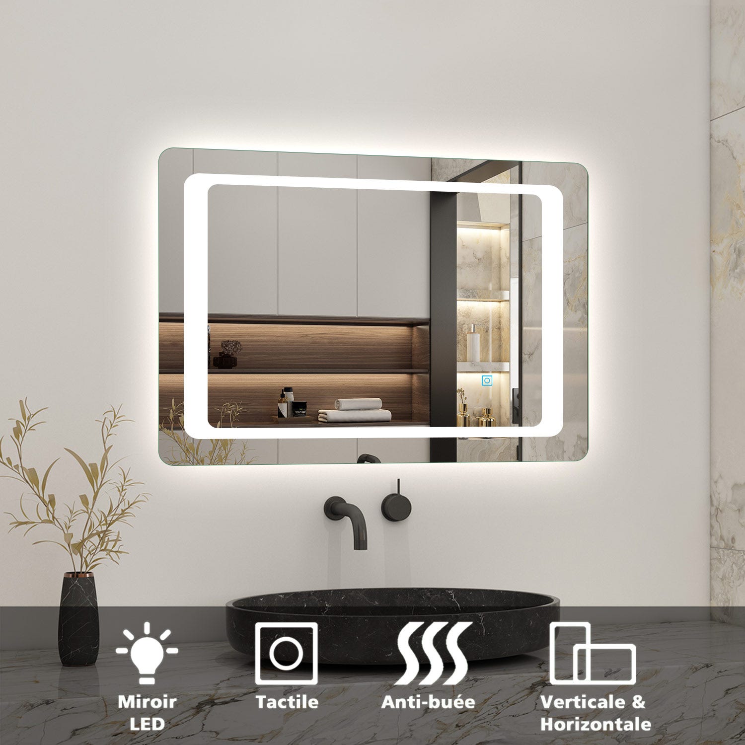 Miroir de salle de bain réversible avec éclairage LED intégré et anti-buée 90cm(L)x65cm(H) 0