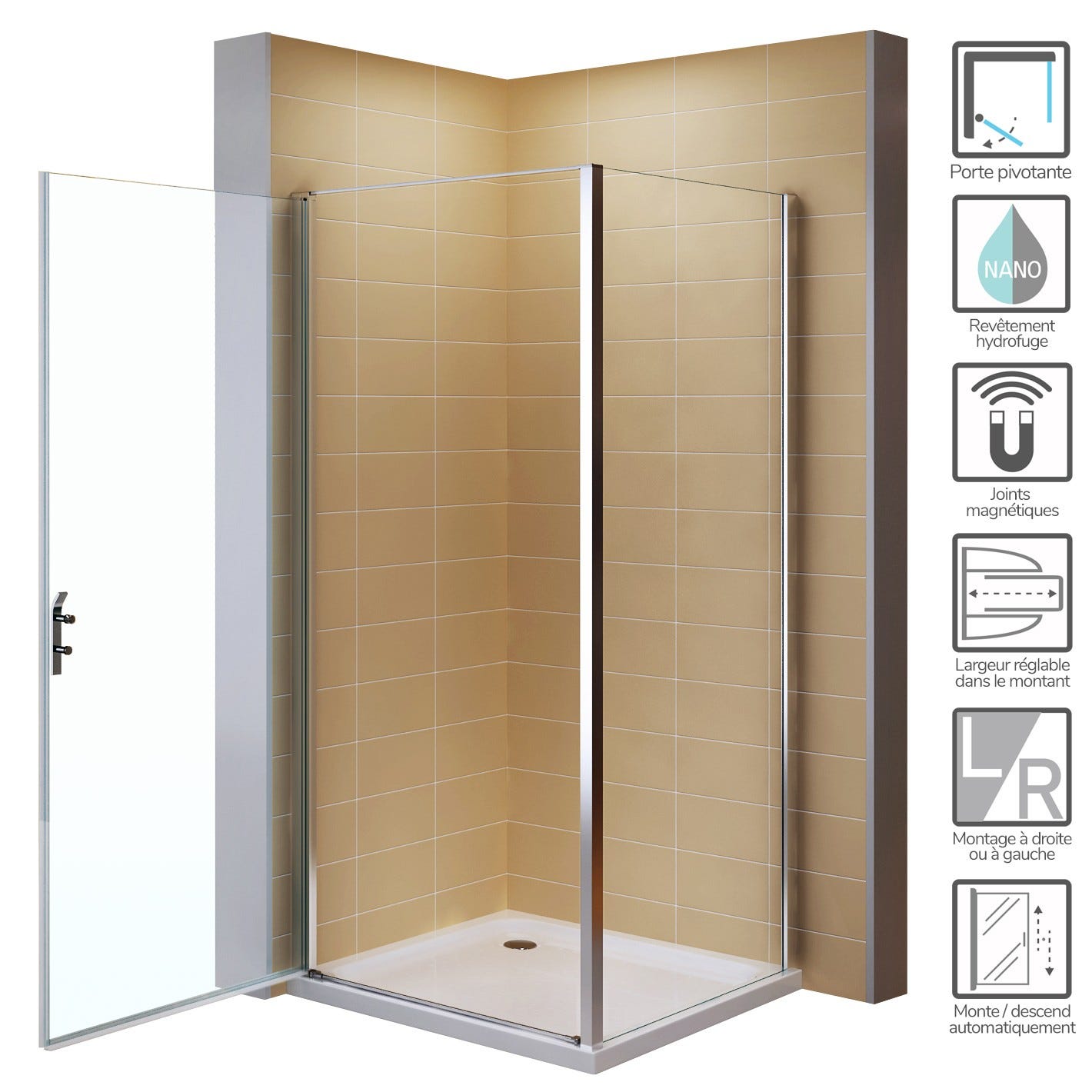 NIKY Porte de douche d'angle H 195 cm verre en 8 mm transparent 80 x 85 cm (porte 80) 1