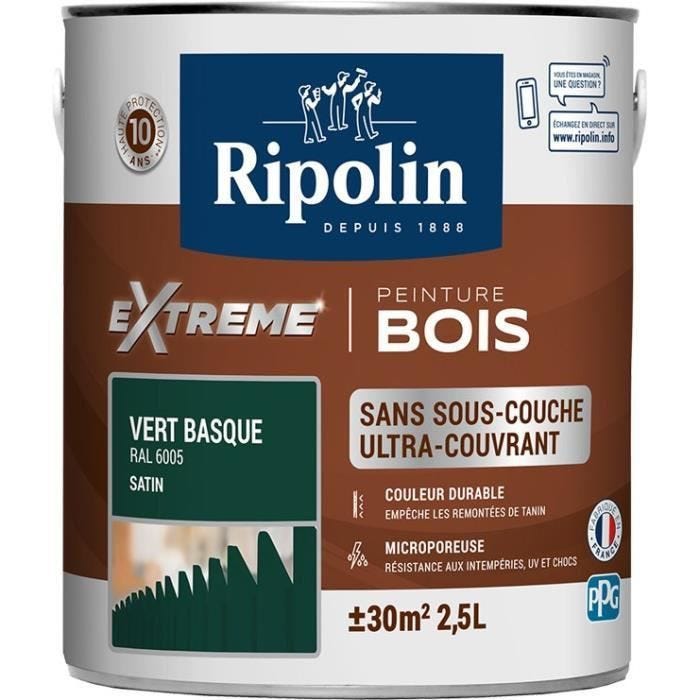 Ripolin Peinture Pour Pour Bois Interieur + Exterieur - Vert Basque Ral 6005 Satin, 2,5l 1