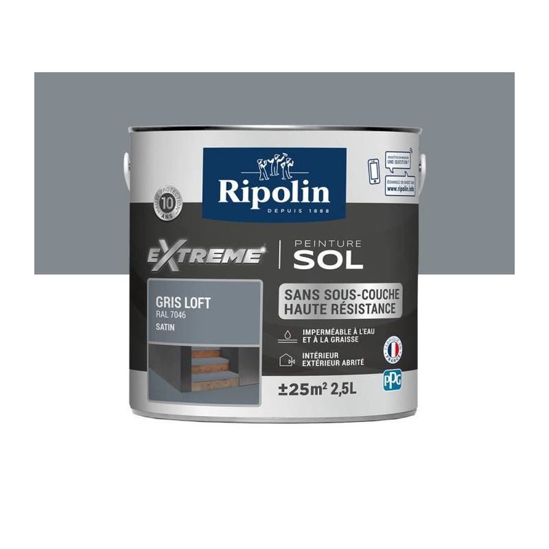 Peinture sol haute résistance satin gris loft 2,5L Ripolin 0
