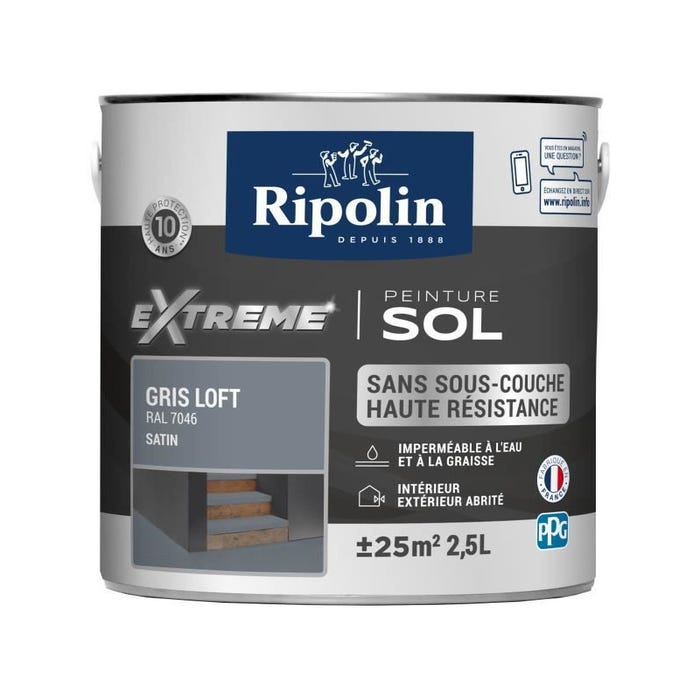 Peinture sol haute résistance satin gris loft 2,5L Ripolin 1