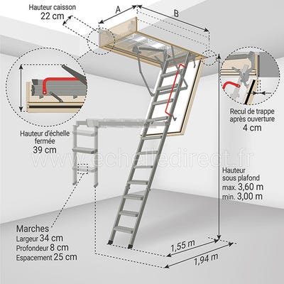 Escalier escamotable bois - Hauteur sous plafond 3.05m - Trémie 70x130cm -  LTK70130-3 ❘ Bricoman