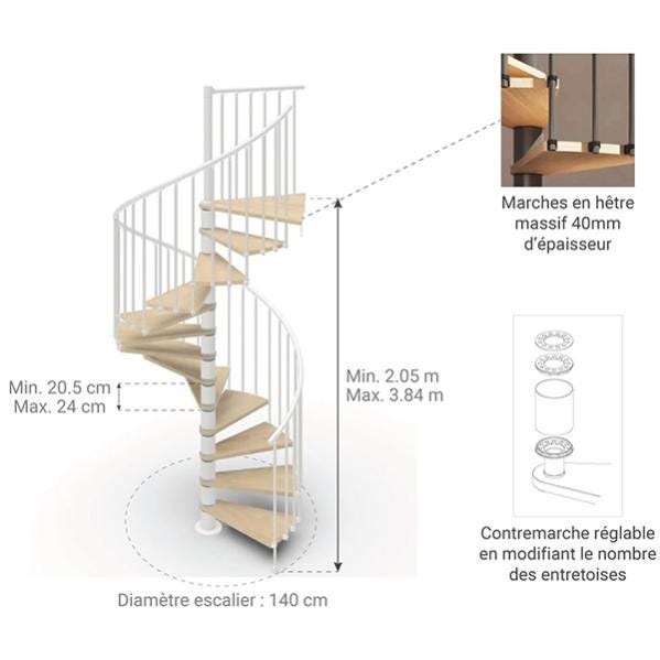 Escalier hélicoïdal 12 marches - Hauteur à franchir 2.46 à 2.88m - Ø 140cm - Structure blanche et marche naturel - Trémie ronde - PHOLA140/SBMNAT-12 1