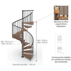 Escalier hélicoïdal 13 marches - Hauteur à franchir 2.67 à 3.12m - Ø140cm - Structure anthracite et marches noyer - Trémie ronde - PHOLA140/SAMNOY-13 1