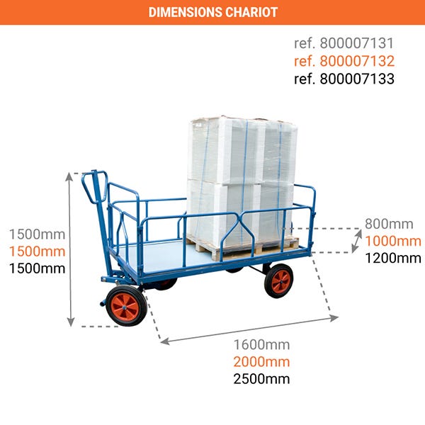 Chariot à train avant pivotant - 1000kg - 2 dossiers 2 ridelles tubes - Plateau 2500x1200mm - 800007133 1