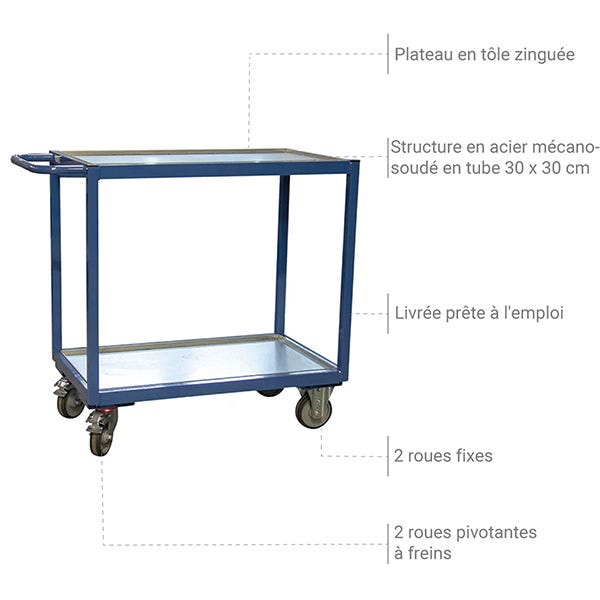 Servante d'atelier 250kg - 2 plateaux en tôle 850x500mm - 880010434 2