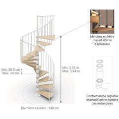 Escalier hélicoïdal 13 marches - Hauteur à franchir 2.67 à 3.12m - Ø 140cm - Structure blanche et marche naturel - Trémie ronde - PHOLA140/SBMNAT-13 1