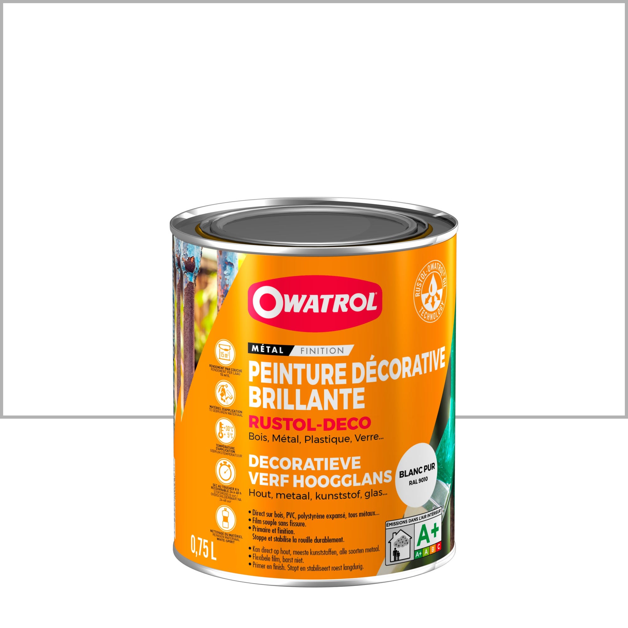 Peinture antirouille décorative Owatrol RUSTOL DECO BRILLANT Blanc pur RAL 9010 0.75 litre 0