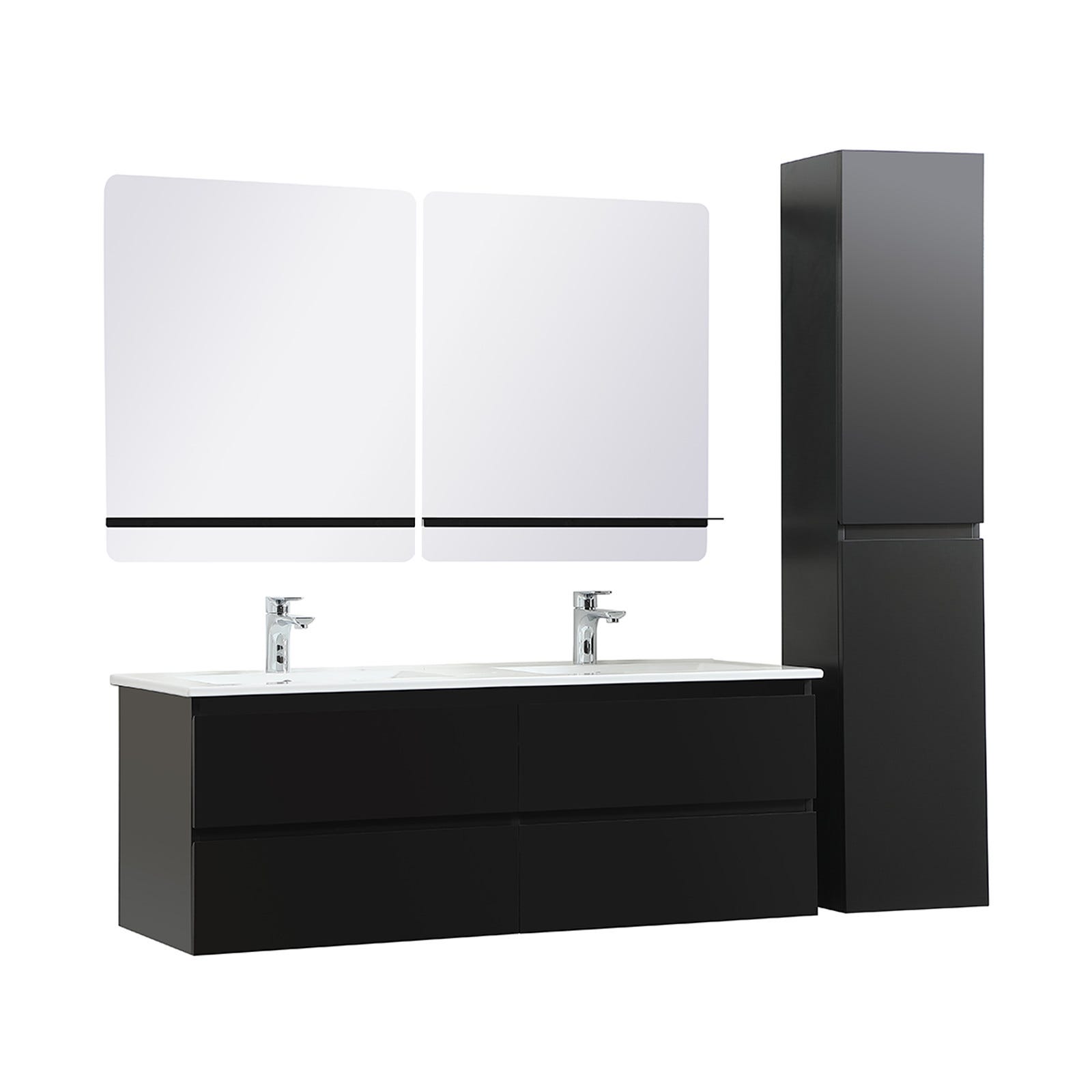 Meuble double vasque 120cm avec plan céramique SORRENTO Noir + miroir +colonne 1