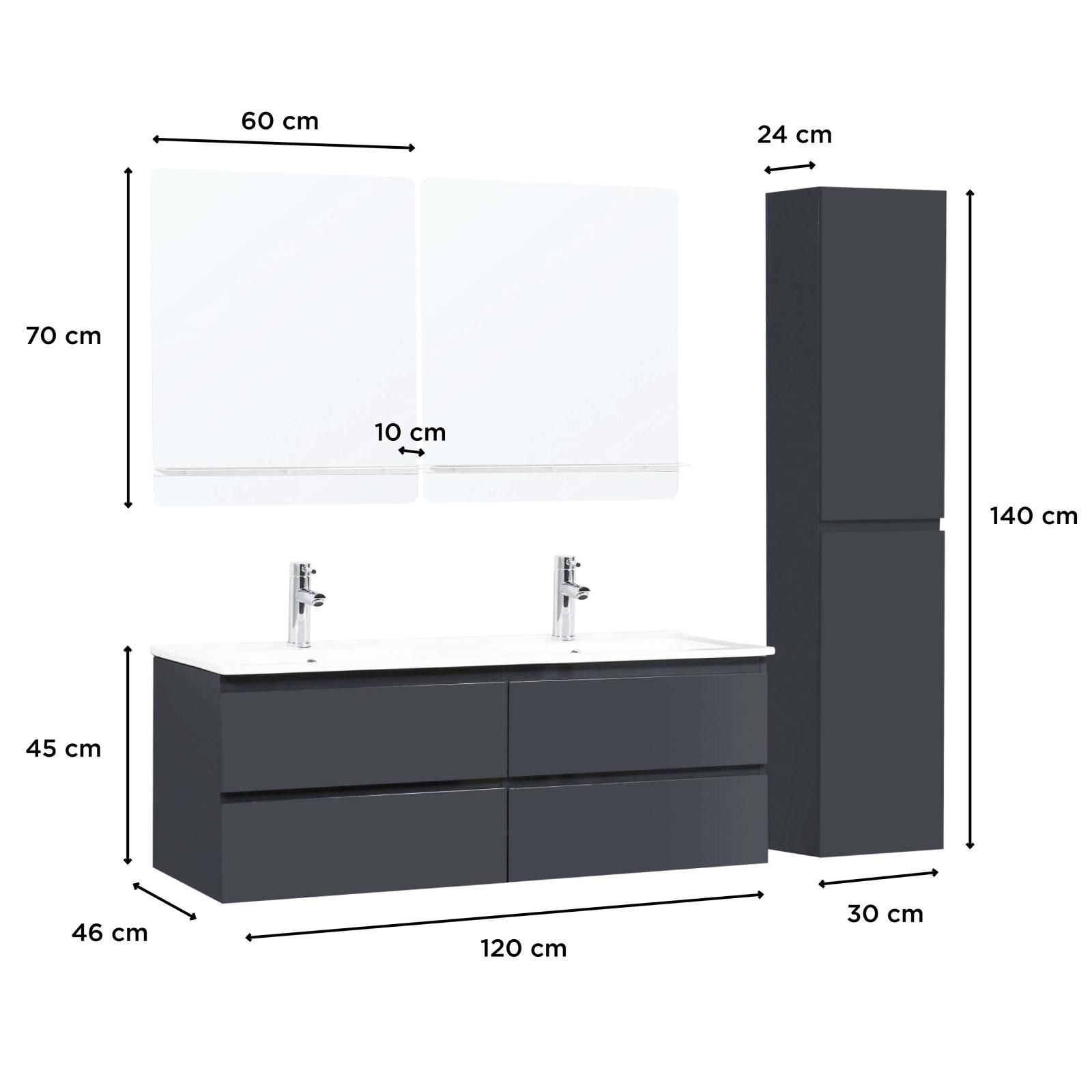 Meuble double vasque 120cm avec plan céramique SORRENTO Noir + miroir +colonne 3