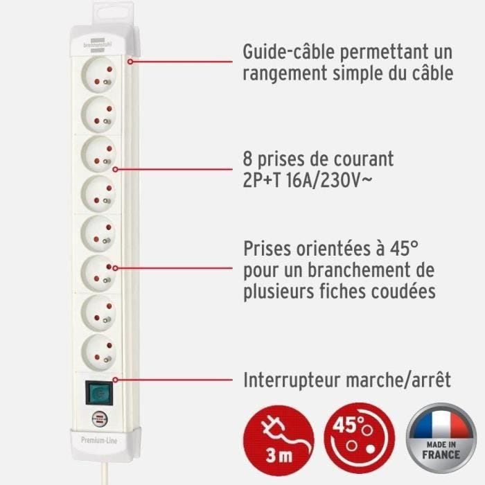 Brennenstuhl Multiprise Premium-Plus Blanche, 8 prises, avec 3m de câble, Fabrication Française 2