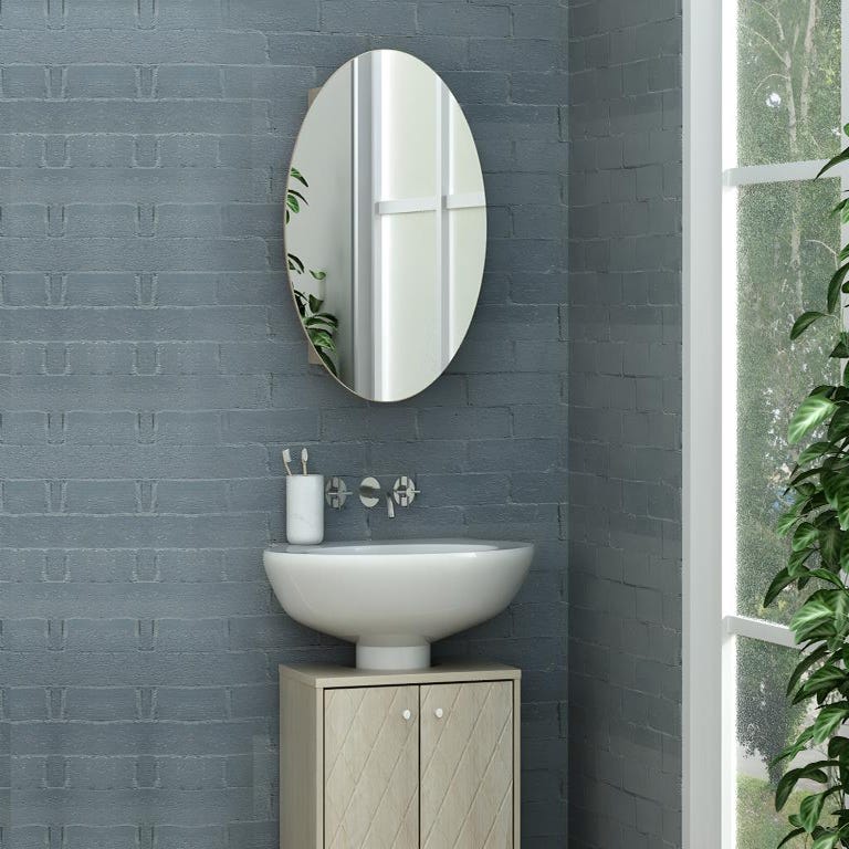 Armoire murale de salle de bain ovale avec miroir - Couleur chêne - RURI 0