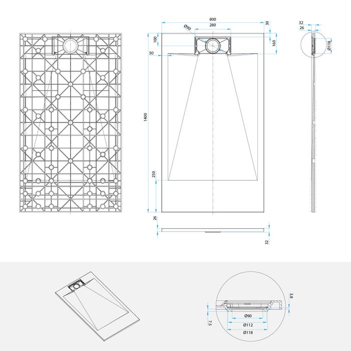 POLAR Receveur de douche blanc extra-plat antidérapant effet pierre 80 x 140 cm + bonde 4