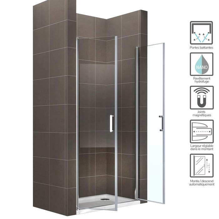 KIMI Porte de douche battante H 190 cm largeur réglable 97 à 100 cm verre 6 mm transparent 1