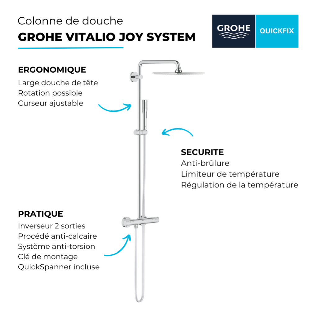 GROHE Colonne de douche avec mitigeur thermostatique Vitalio Joy System 230 avec nettoyant GrohClean 2