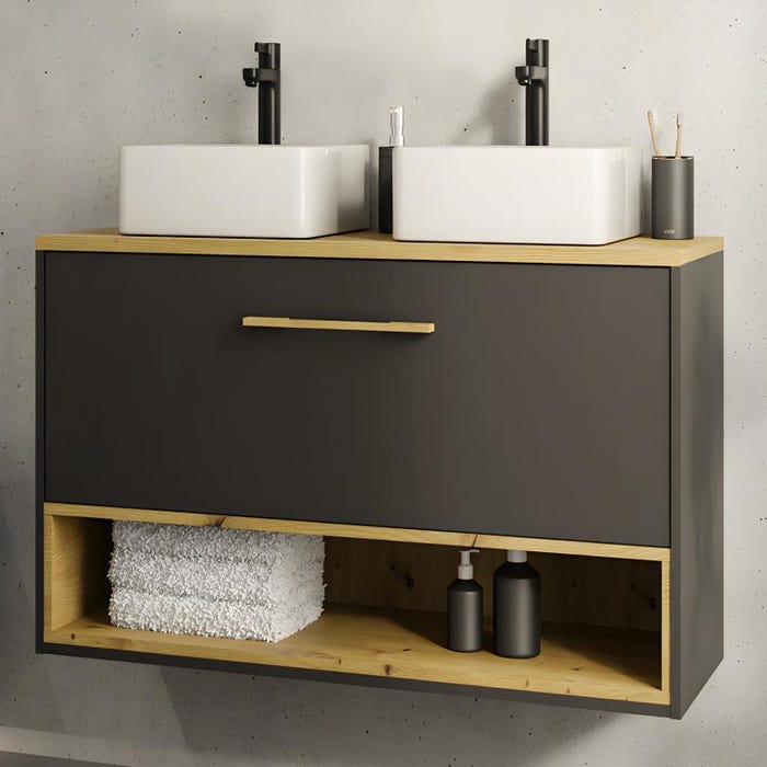 Meuble de salle de bain suspendu anthracite avec double vasque à poser et armoire de toilette - 120 cm - YANGRA 1