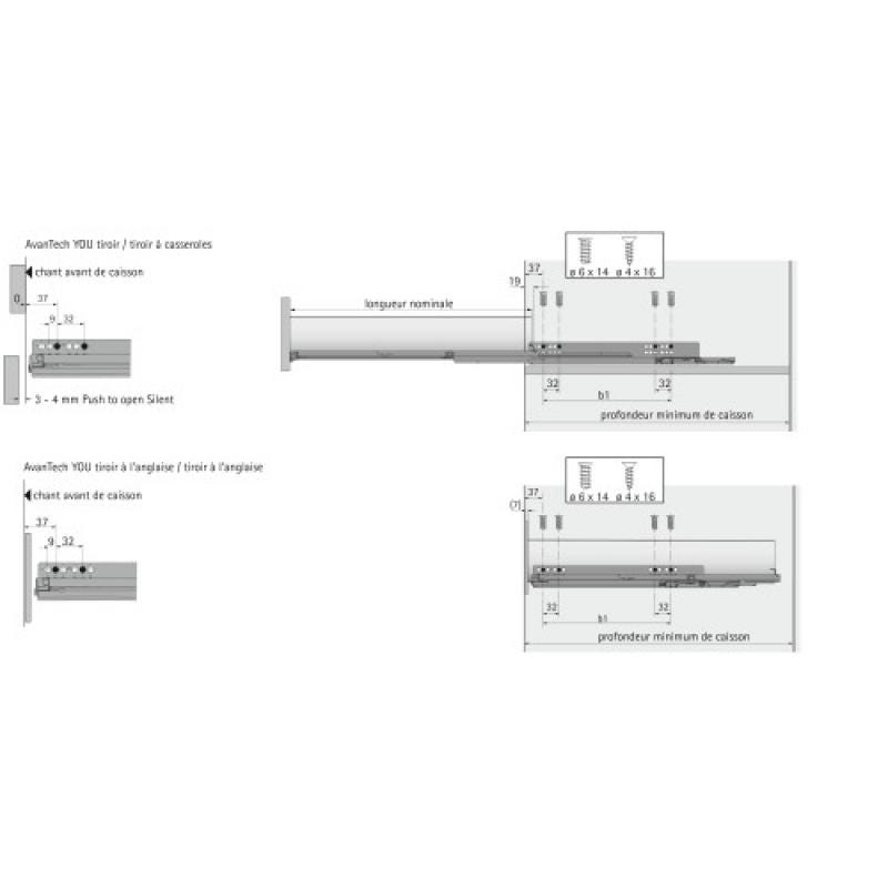 Coulisse quadro you v6 silent system - Charge : 30 kg - Longueur : 600 mm - HETTICH 1