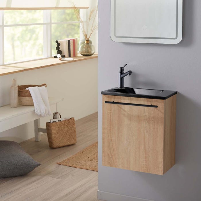 Meuble lave-mains pour wc finition chêne oak équipé d'un lave-mains en solid surface et robinet noir 0