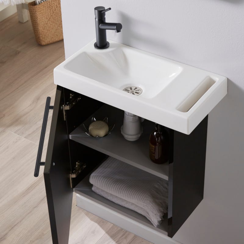 Meuble pour wc laqué noir avec lave-mains équipé d'un porte serviette en céramique et mitigeur noir 2