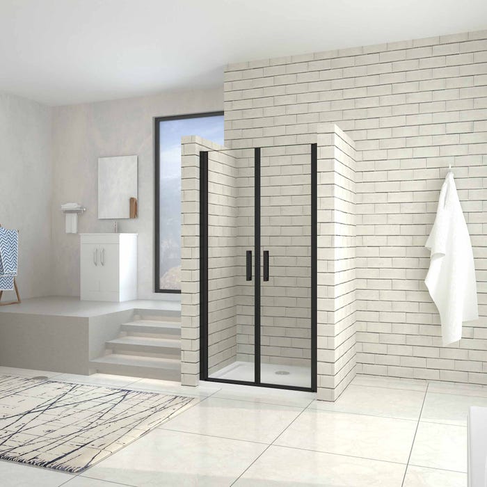 Porte de douche battante 80cm en verre trempé anticalcaire profil et poignée Noir Mat douche italienne hauteur 200cm 0