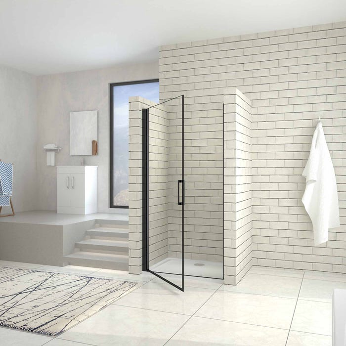 Porte de douche pivotante 90cm en verre trempé anticalcaire profil et poignée Noir Mat douche italienne hauteur 200cm 1