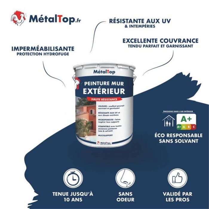 Peinture Mur Exterieur - Metaltop - Rouge feu - RAL 3000 - Pot 5L 3