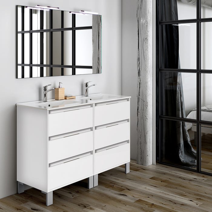Meuble de salle de bain 120cm double vasque - 6 tiroirs - TIRIS 3C - blanc 0