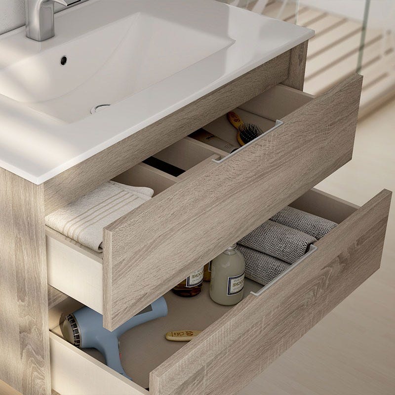 Meuble de salle de bain 100cm simple vasque - 3 tiroirs - TIRIS 3C - hibernian (bois blanchi) 2