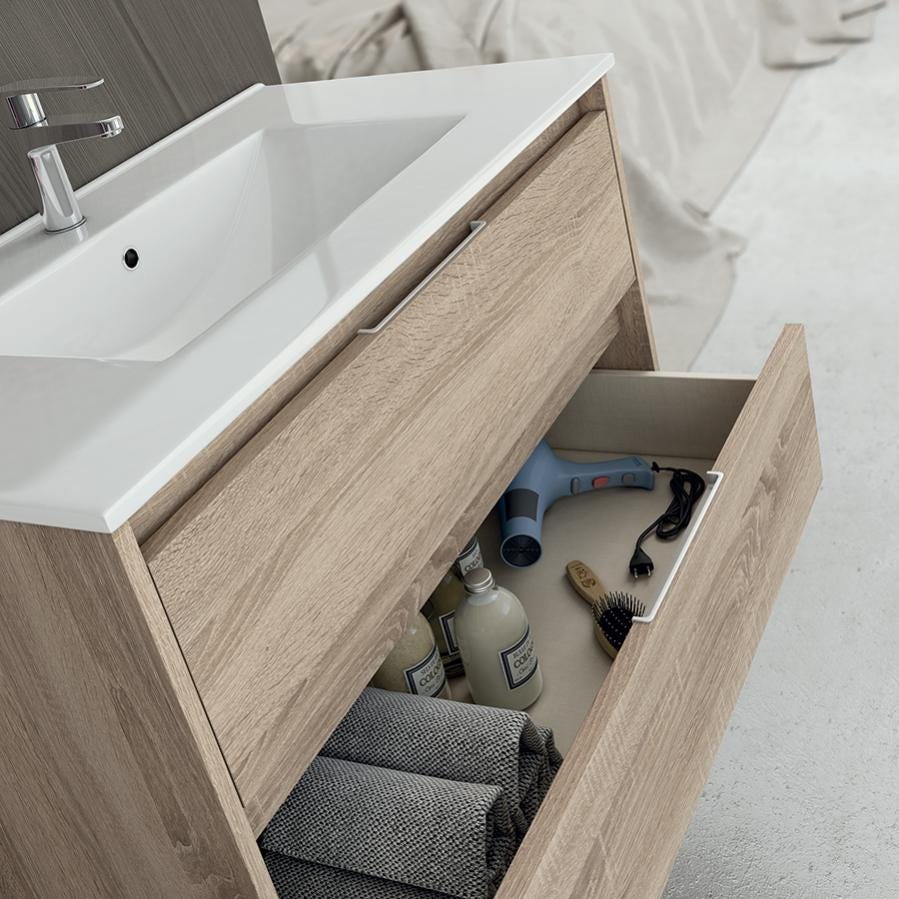 Meuble de salle de bain 80cm simple vasque - 2 tiroirs - IRIS - hibernian (bois blanchi) 2
