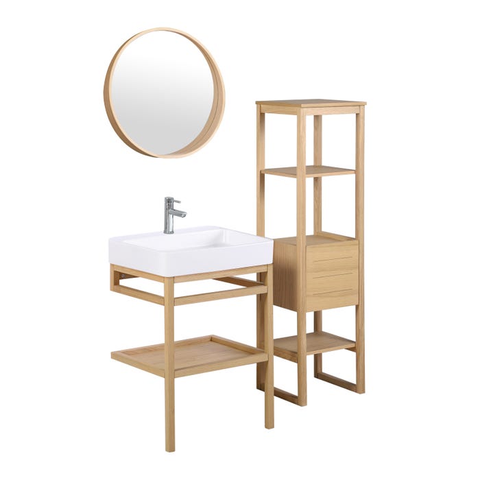 Meuble de salle de bain 60 cm HOPP avec colonne, miroir rond et vasque carrée ANDY 1