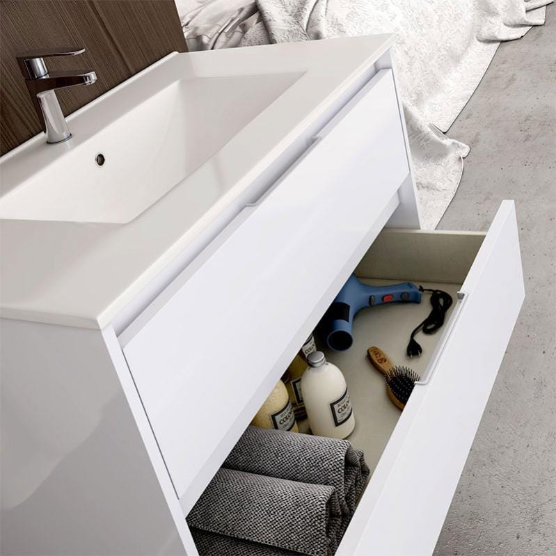 Meuble de salle de bain 100cm simple vasque - 2 tiroirs - IRIS - blanc 2
