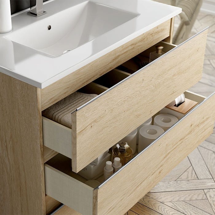 Meuble de salle de bain 60cm simple vasque - 2 tiroirs - sans miroir - BALEA - bambou (chêne clair) 1