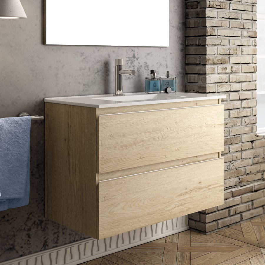 Meuble de salle de bain 60cm simple vasque - 2 tiroirs - sans miroir - BALEA - bambou (chêne clair) 0