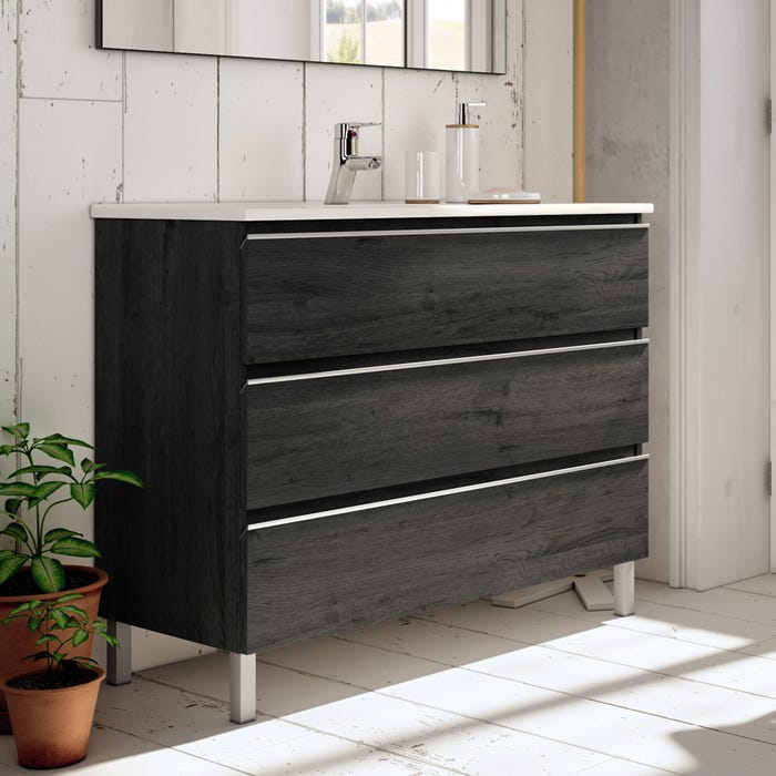 Meuble de salle de bain 80cm simple vasque - 3 tiroirs - sans miroir - PALMA - ebony (bois noir) 0